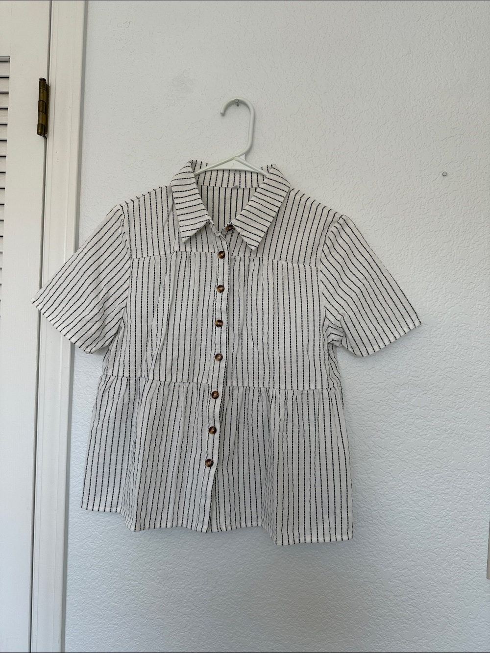 Kids Short-Sleeve Button-Front Striped Peplum Top - White/Black